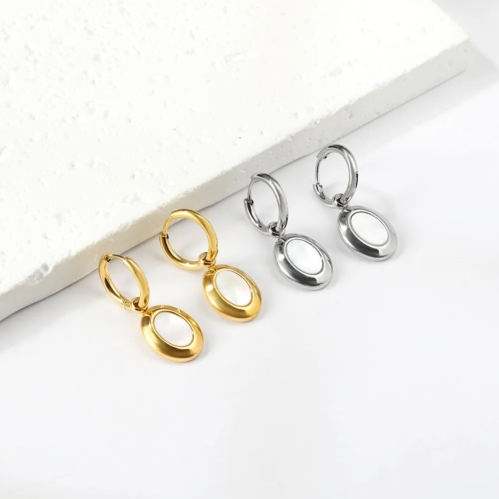 Earrings 2.0*10mm inner diameter, ear clasp 12*15mm/13*15mm, oval flat white mother-of-pearl, steel/gold color asonjewelry