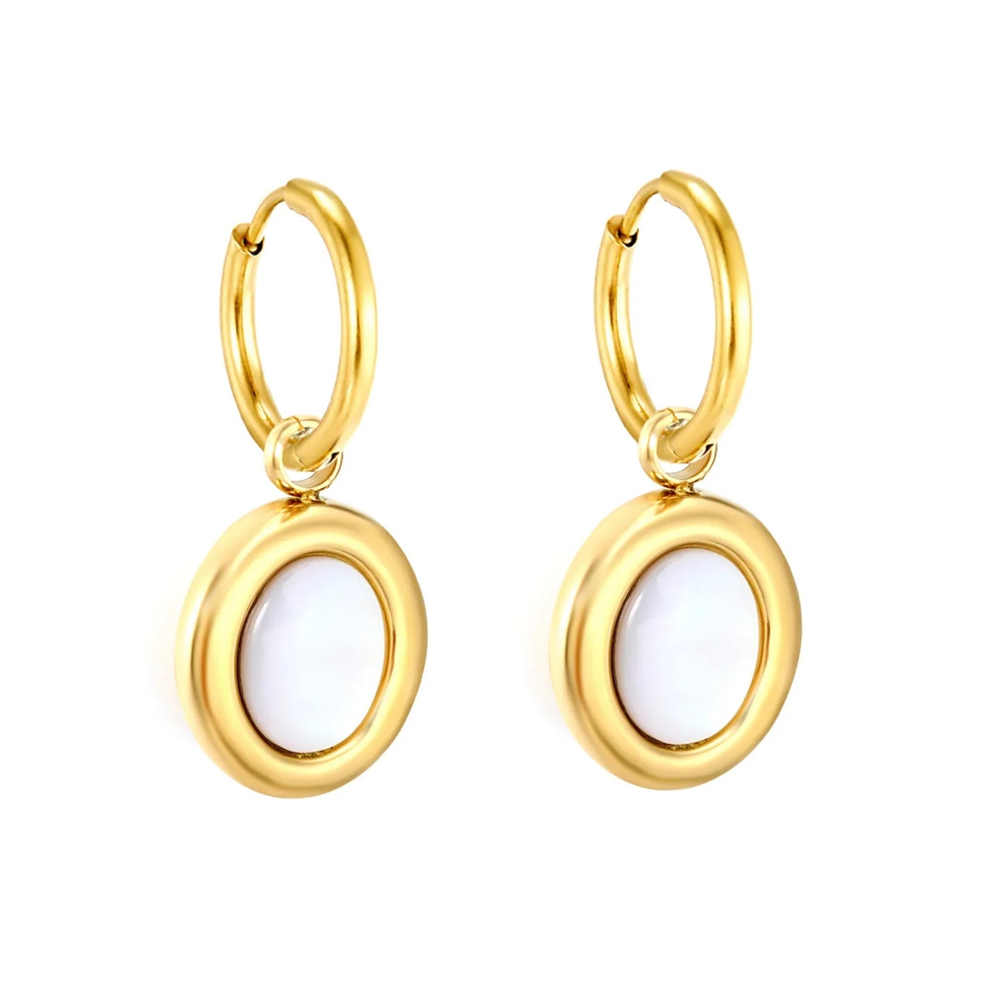 Earrings 2.0*10mm inner diameter, ear clasp 12*15mm/13*15mm, oval flat white mother-of-pearl, steel/gold color asonjewelry