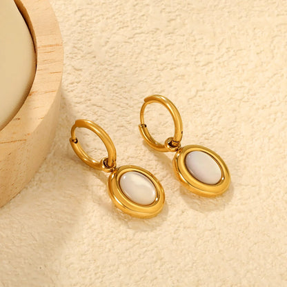 Earrings 2.0*10mm inner diameter, ear clasp 12*15mm/13*15mm, oval flat white mother-of-pearl, steel/gold color asonjewelry