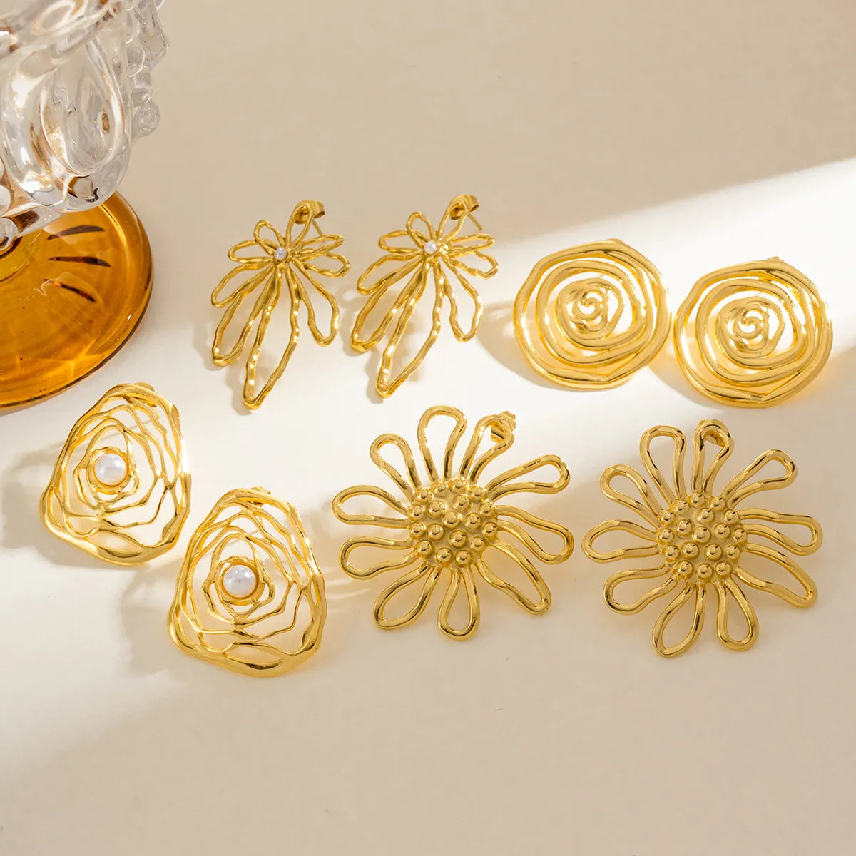 28*45mm Openwork Floral Stud Earrings in Gold - Asonjewelry