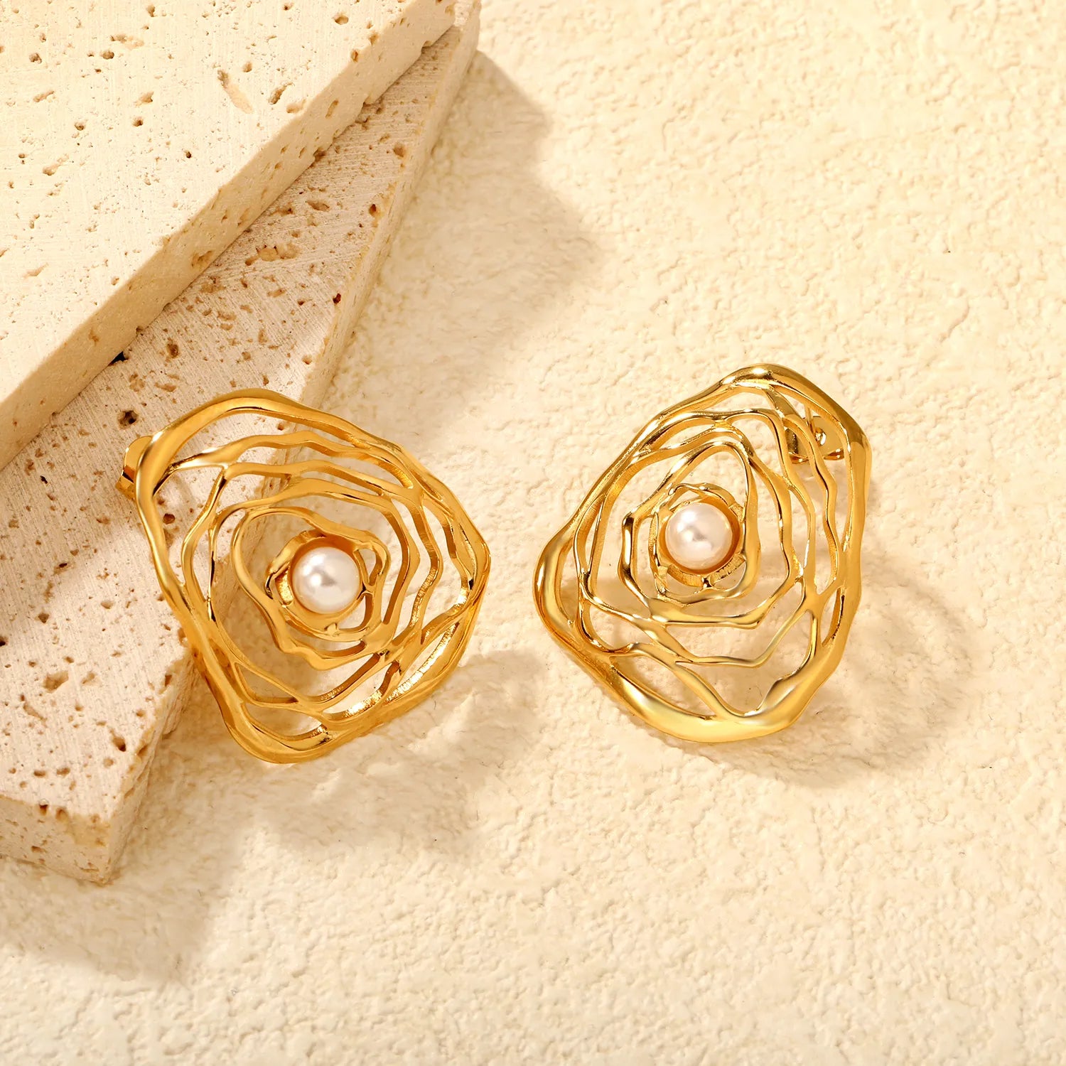 29*35mm Openwork Rose Earrings in Gold - Asonjewelry