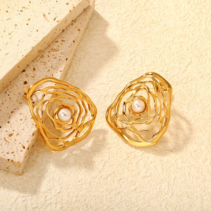 29*35mm Openwork Rose Earrings in Gold - Asonjewelry