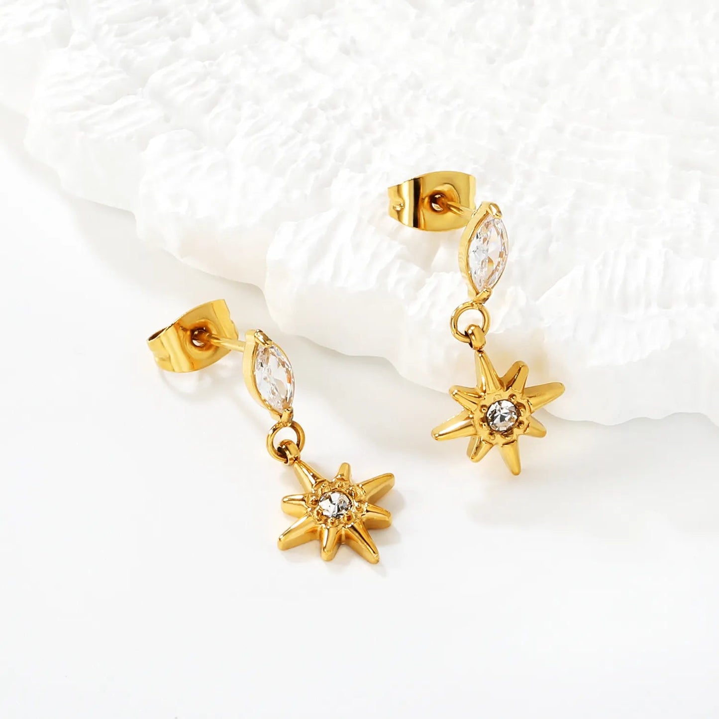 3.5*7mm Marquise 10mm Eight-Pointed Star Stud Earrings Steel Gold Dual Color Optional | Minimalist Modern Stainless Steel Gold Plated Lightweight Everyday Wear Versatile Fashion Jewelry asonjewelry