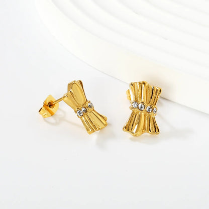 10*15mm Gold Plated Bow Stud Earrings with Sparkling Rhinestones Minimalist Modern Lightweight Everyday Wear Versatile Fashion Jewelry for Women asonjewelry