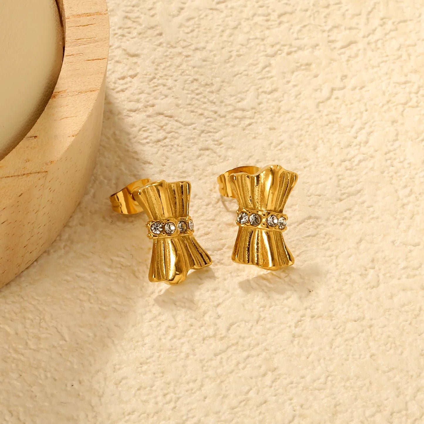 10*15mm Gold Plated Bow Stud Earrings with Sparkling Rhinestones Minimalist Modern Lightweight Everyday Wear Versatile Fashion Jewelry for Women asonjewelry