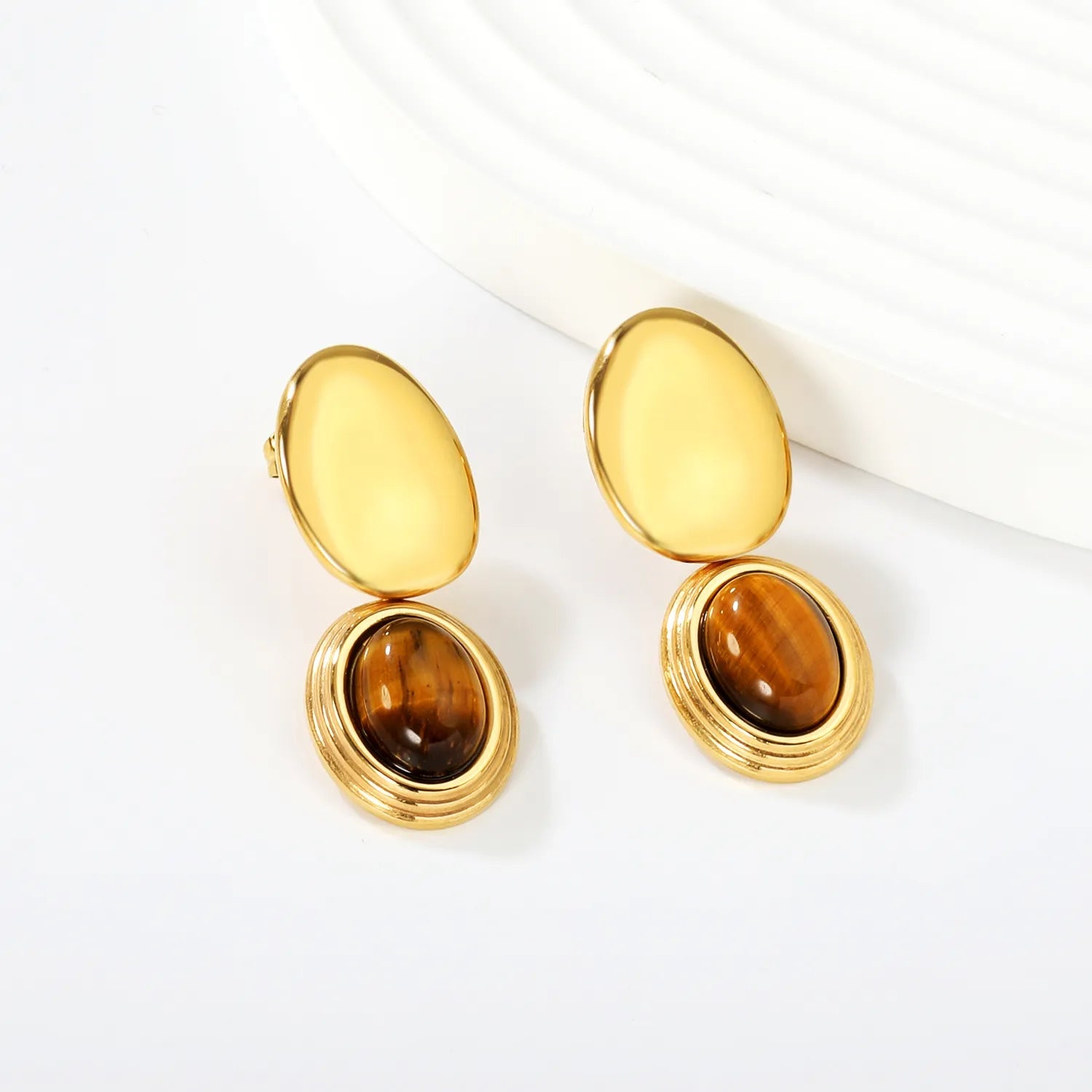 13*18mm smooth oval + 14*17mm Tiger's Eye Stone Oval Earrings Gold Plated Alloy Minimalist Modern Lightweight Everyday Wear Versatile Fashion Jewelry for Women asonjewelry