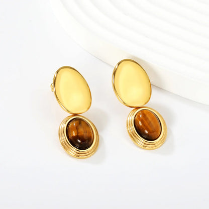 13*18mm smooth oval + 14*17mm Tiger's Eye Stone Oval Earrings Gold Plated Alloy Minimalist Modern Lightweight Everyday Wear Versatile Fashion Jewelry for Women asonjewelry