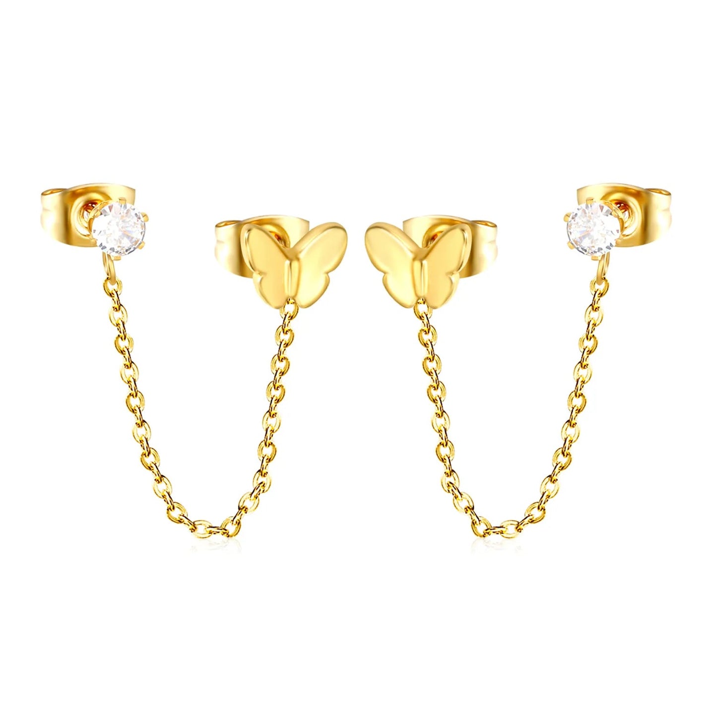 Earrings 6*7mm butterfly + 0.4mm cross chain 4cm + 4mm prong white zircon (double earrings) gold asonjewelry
