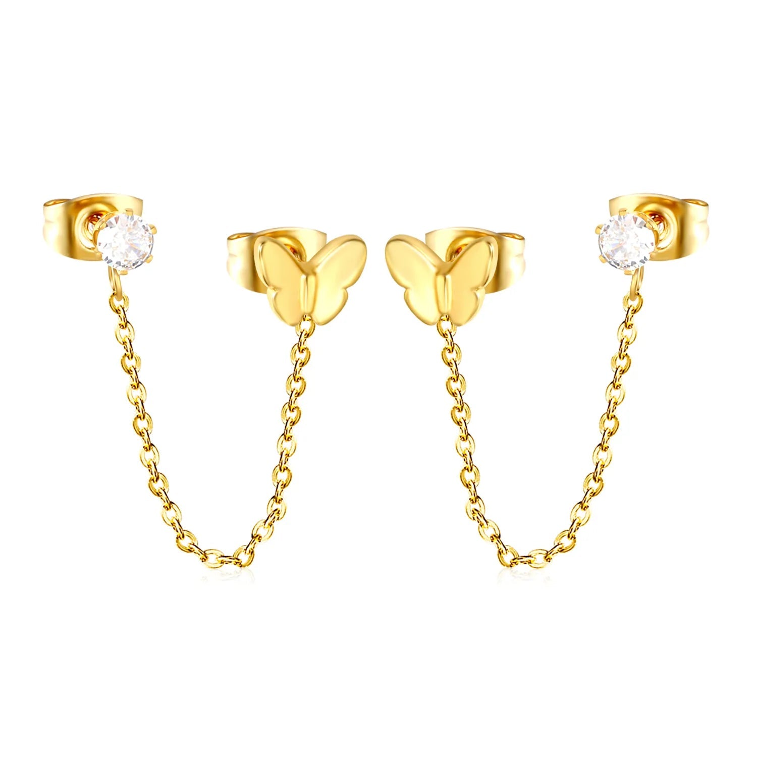 Earrings 6*7mm butterfly + 0.4mm cross chain 4cm + 4mm prong white zircon (double earrings) gold asonjewelry