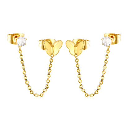 Earrings 6*7mm butterfly + 0.4mm cross chain 4cm + 4mm prong white zircon (double earrings) gold asonjewelry