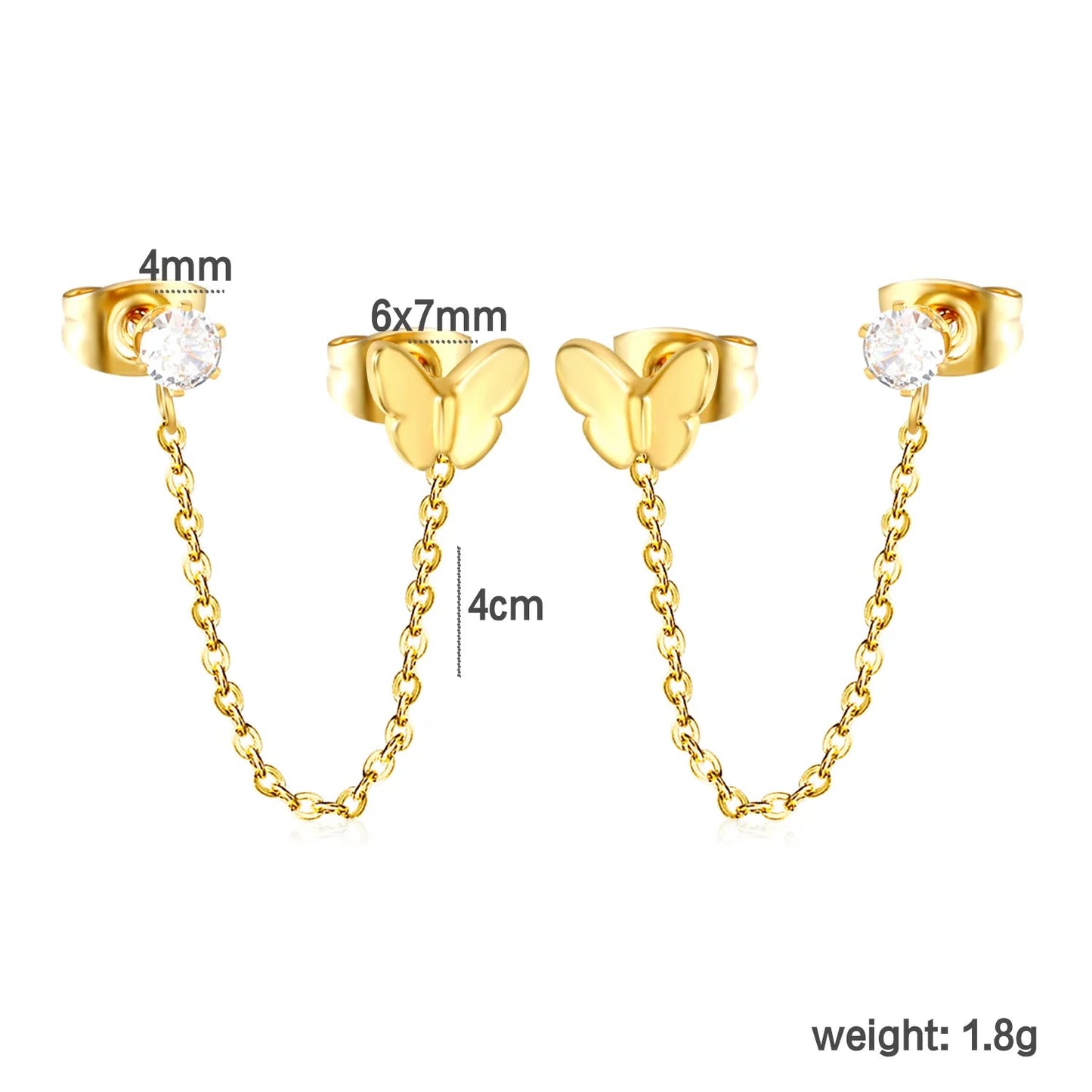 Earrings 6*7mm butterfly + 0.4mm cross chain 4cm + 4mm prong white zircon (double earrings) gold asonjewelry