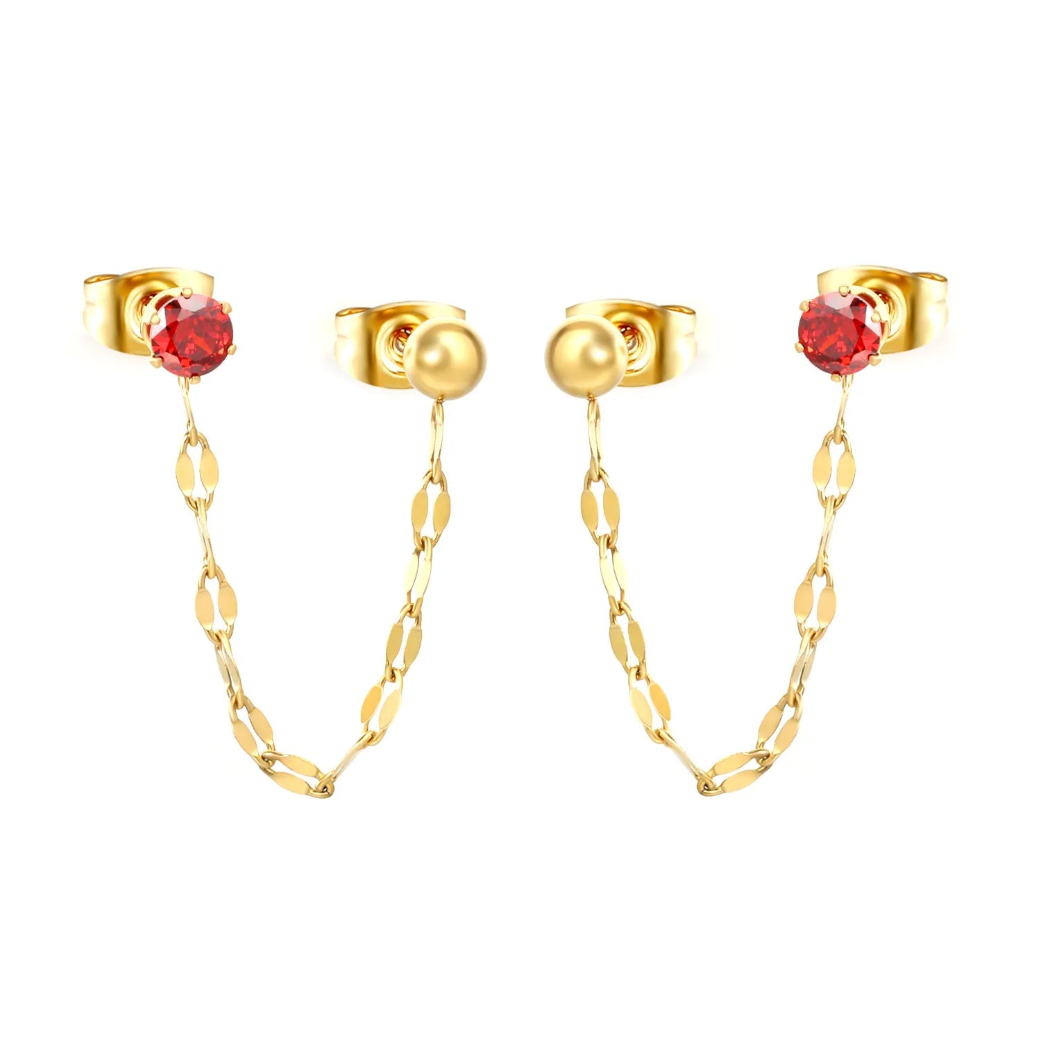 Earrings 4mm steel bead + 4cm lip chain + 4mm prong garnet red zircon (both earrings) Gold asonjewelry