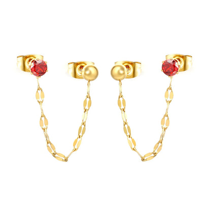 Earrings 4mm steel bead + 4cm lip chain + 4mm prong garnet red zircon (both earrings) Gold asonjewelry