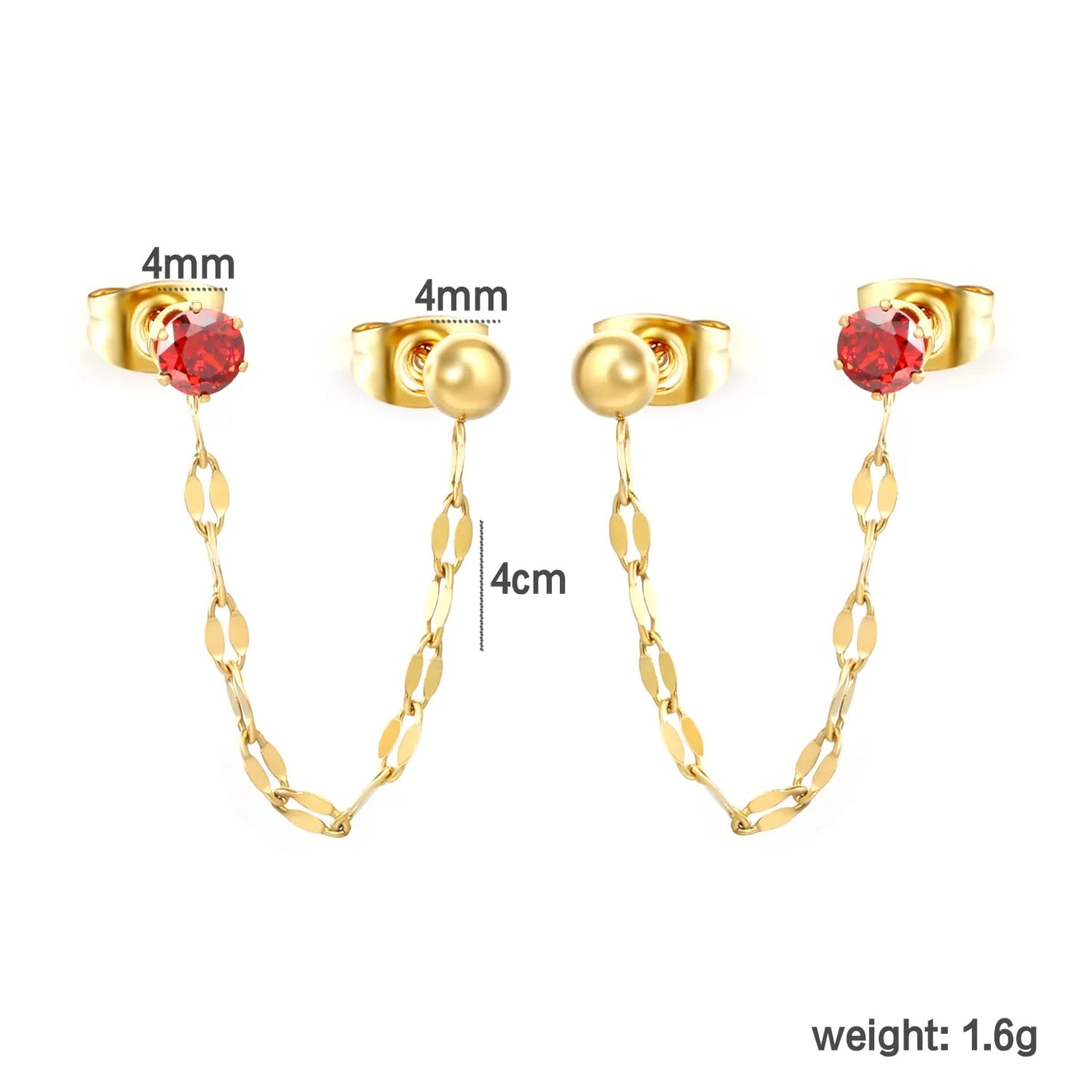 Earrings 4mm steel bead + 4cm lip chain + 4mm prong garnet red zircon (both earrings) Gold asonjewelry