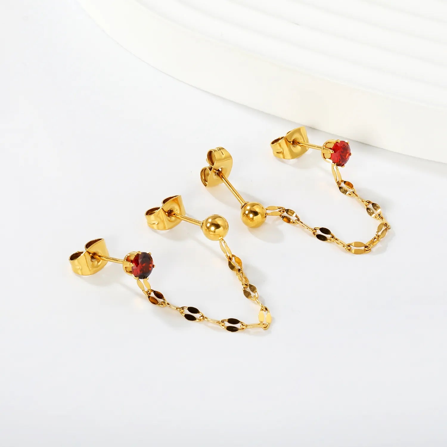 Earrings 4mm steel bead + 4cm lip chain + 4mm prong garnet red zircon (both earrings) Gold asonjewelry