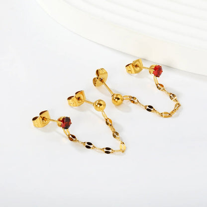 Earrings 4mm steel bead + 4cm lip chain + 4mm prong garnet red zircon (both earrings) Gold asonjewelry