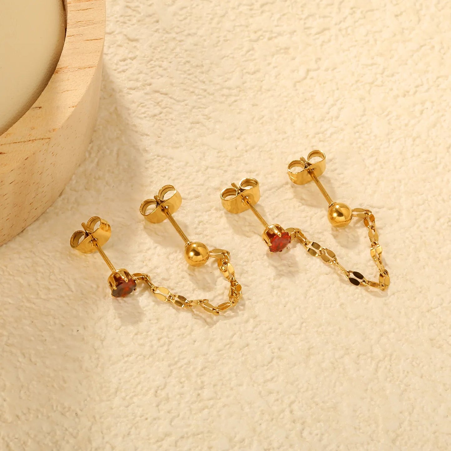 Earrings 4mm steel bead + 4cm lip chain + 4mm prong garnet red zircon (both earrings) Gold asonjewelry