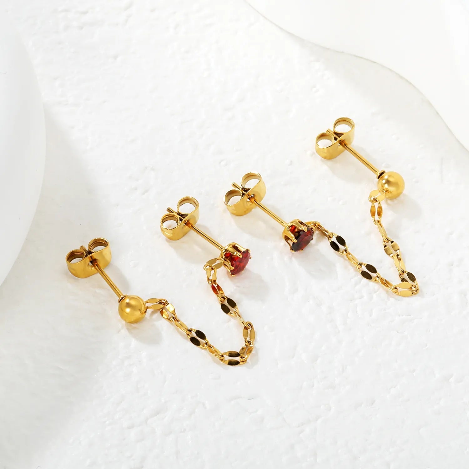 Earrings 4mm steel bead + 4cm lip chain + 4mm prong garnet red zircon (both earrings) Gold asonjewelry