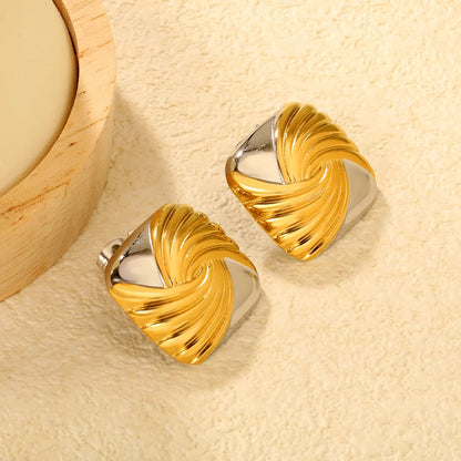 24mm*23mm Square Spiral Pattern Stud Earrings Two-Tone Gold Plated Alloy Minimalist Modern Casual Earrings for Women asonjewelry