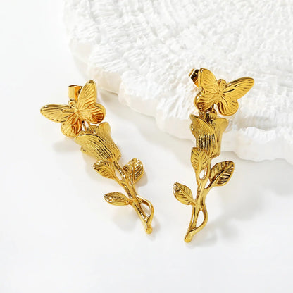 Minimalist Modern Gold Plated Earrings 15.511mm Butterfly &1332mm Rose Tassel Alloy Daily Jewelry for Women asonjewelry