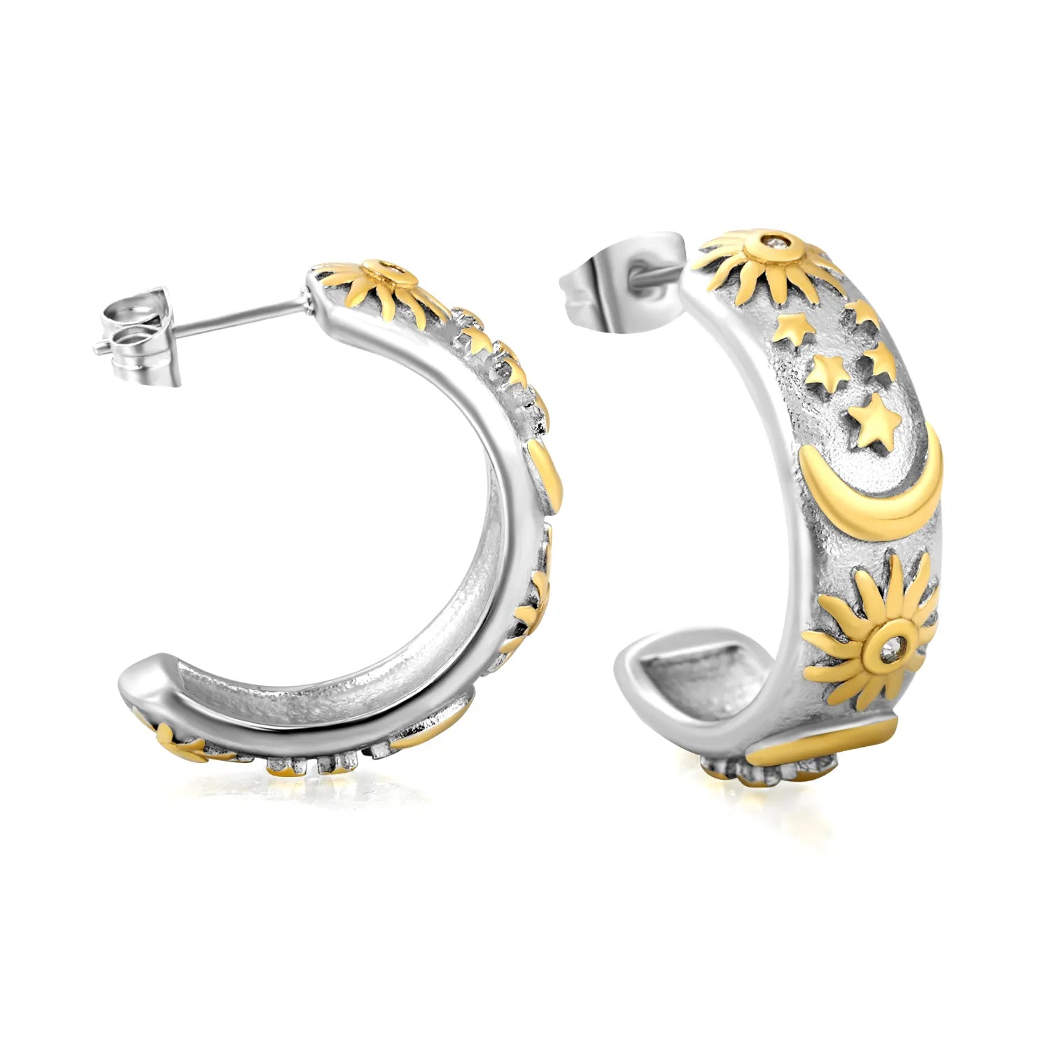 Earrings 8*27mm C-shaped moon star and sun with diamonds two-tone gold asonjewelry