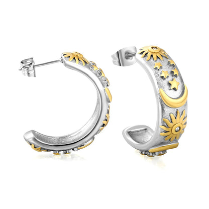 Earrings 8*27mm C-shaped moon star and sun with diamonds two-tone gold asonjewelry