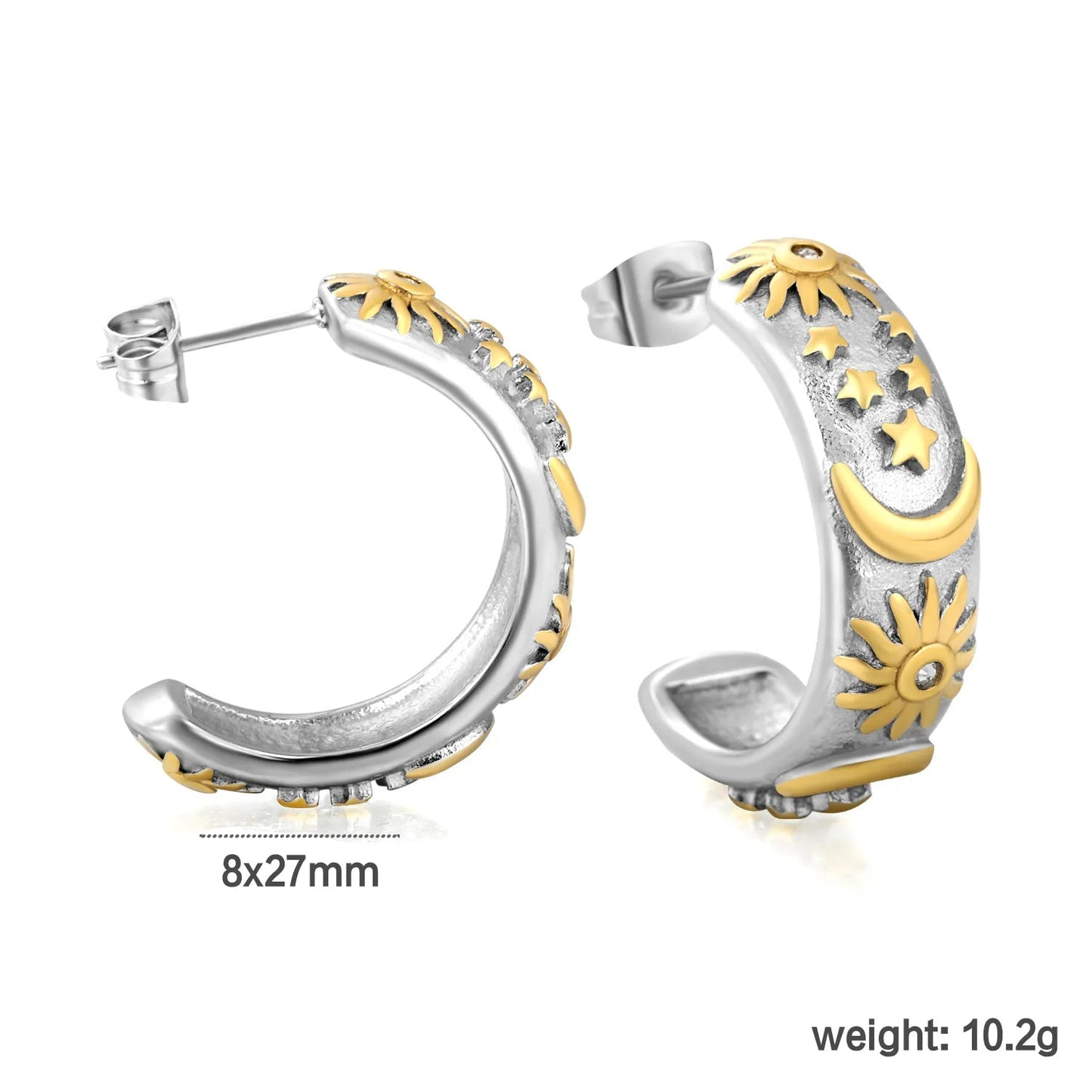 Earrings 8*27mm C-shaped moon star and sun with diamonds two-tone gold asonjewelry