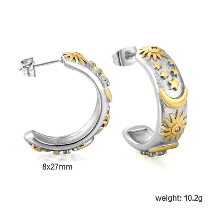 Earrings 8*27mm C-shaped moon star and sun with diamonds two-tone gold asonjewelry