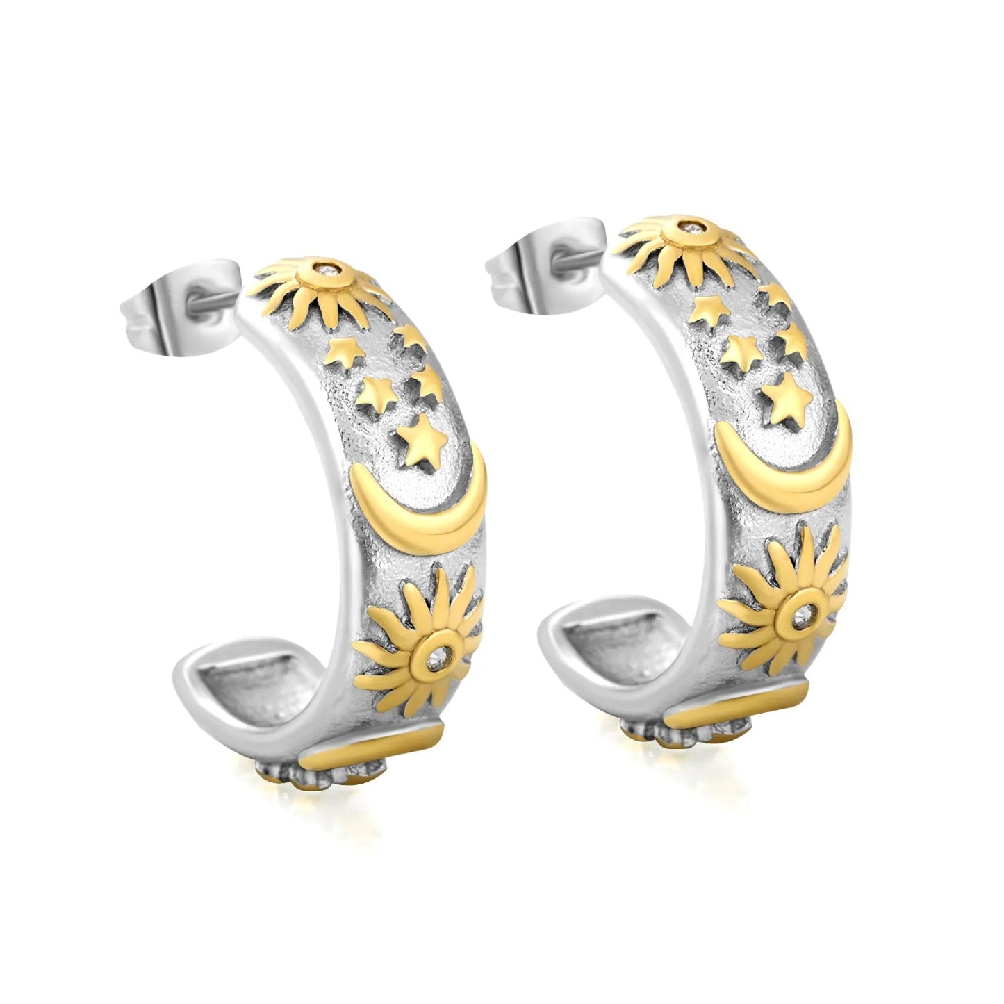 Earrings 8*27mm C-shaped moon star and sun with diamonds two-tone gold asonjewelry