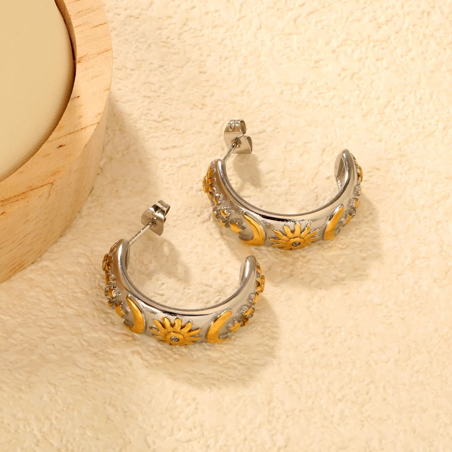 Earrings 8*27mm C-shaped moon star and sun with diamonds two-tone gold asonjewelry