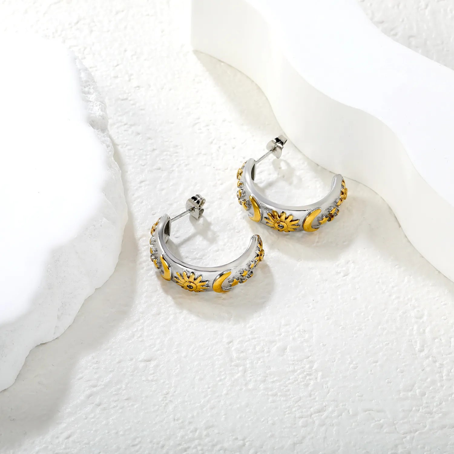 Earrings 8*27mm C-shaped moon star and sun with diamonds two-tone gold asonjewelry