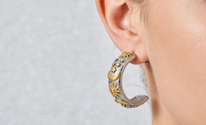 Earrings 8*27mm C-shaped moon star and sun with diamonds two-tone gold asonjewelry