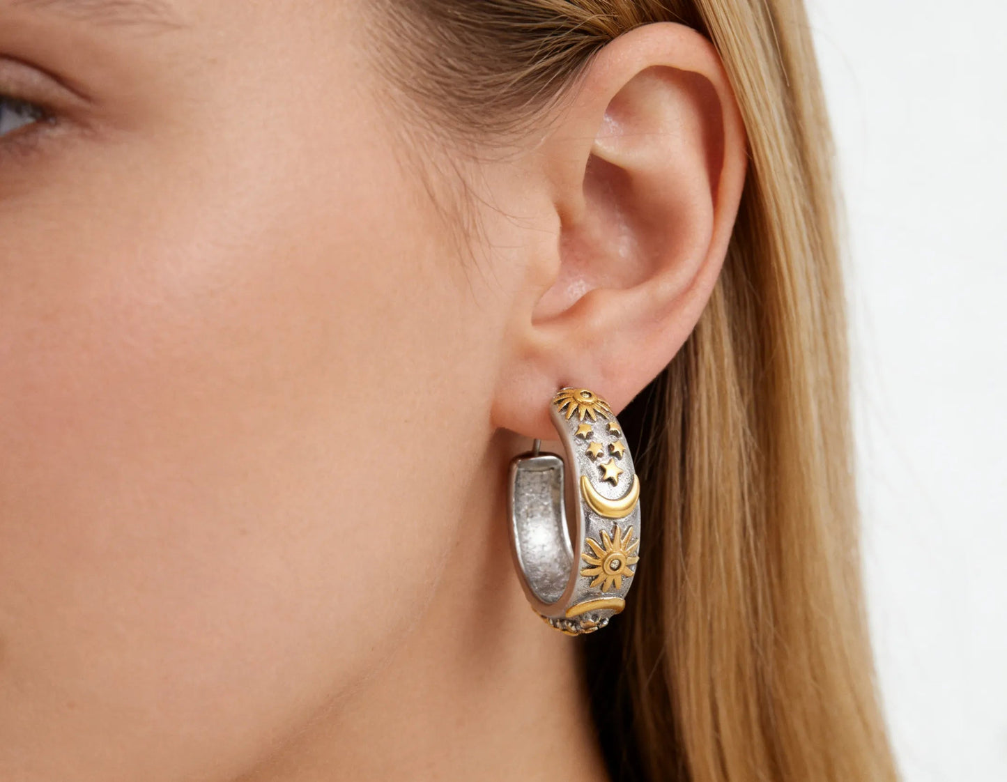 Earrings 8*27mm C-shaped moon star and sun with diamonds two-tone gold asonjewelry