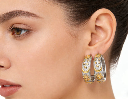 Earrings 8*27mm C-shaped moon star and sun with diamonds two-tone gold asonjewelry