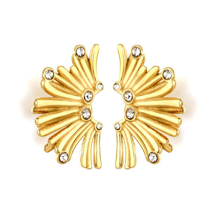Gold Fan Shaped Diamond Stud Earrings 17*25mm Sparkly Inlaid Diamond Fashion Earrings for Women Daily Wear Party Jewelry Accessory asonjewelry