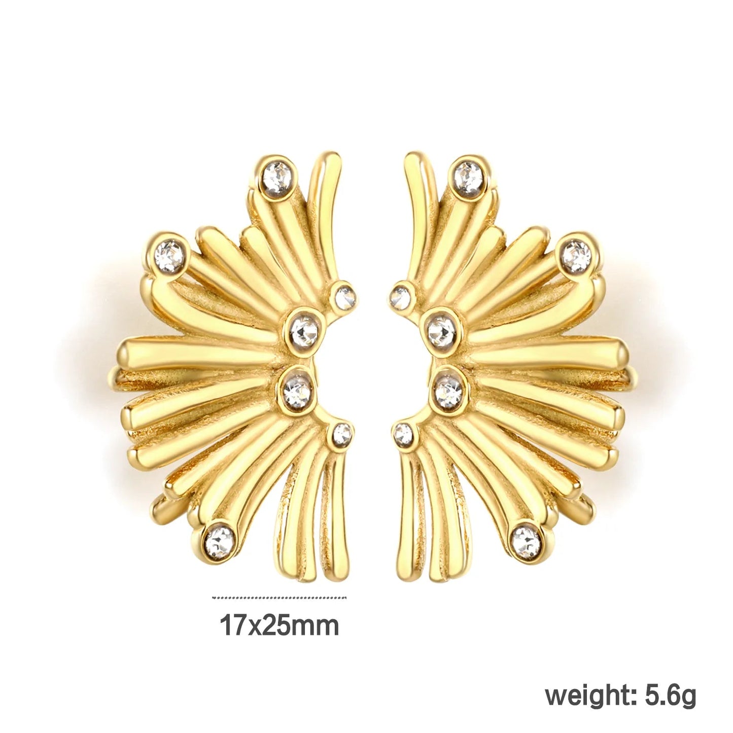 Gold Fan Shaped Diamond Stud Earrings 17*25mm Sparkly Inlaid Diamond Fashion Earrings for Women Daily Wear Party Jewelry Accessory asonjewelry