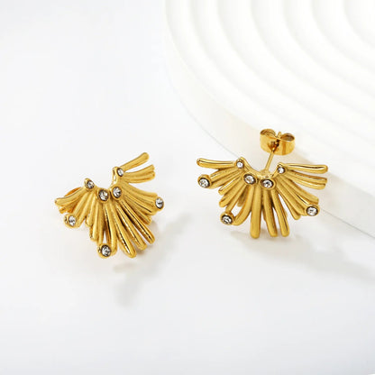 Gold Fan Shaped Diamond Stud Earrings 17*25mm Sparkly Inlaid Diamond Fashion Earrings for Women Daily Wear Party Jewelry Accessory asonjewelry