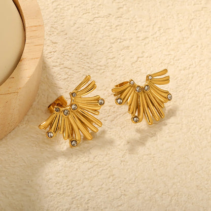 Gold Fan Shaped Diamond Stud Earrings 17*25mm Sparkly Inlaid Diamond Fashion Earrings for Women Daily Wear Party Jewelry Accessory asonjewelry