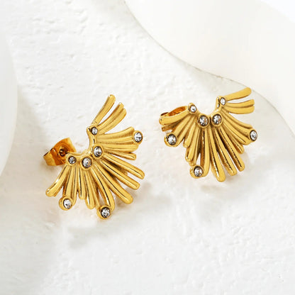 Gold Fan Shaped Diamond Stud Earrings 17*25mm Sparkly Inlaid Diamond Fashion Earrings for Women Daily Wear Party Jewelry Accessory asonjewelry