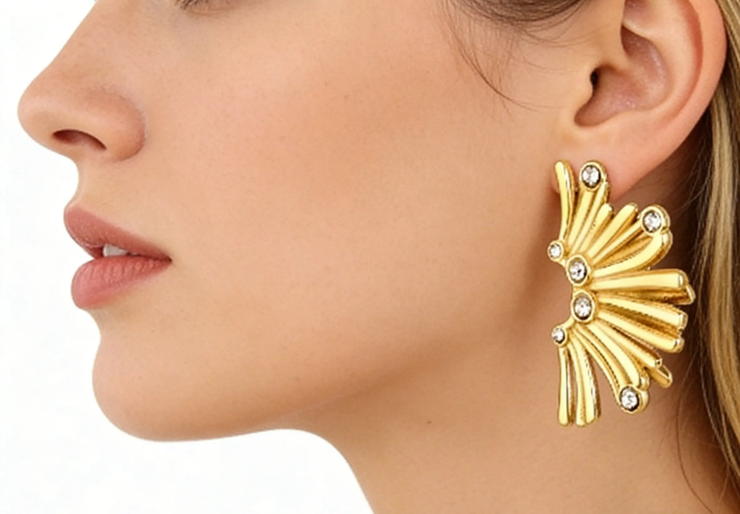 Gold Fan Shaped Diamond Stud Earrings 17*25mm Sparkly Inlaid Diamond Fashion Earrings for Women Daily Wear Party Jewelry Accessory asonjewelry