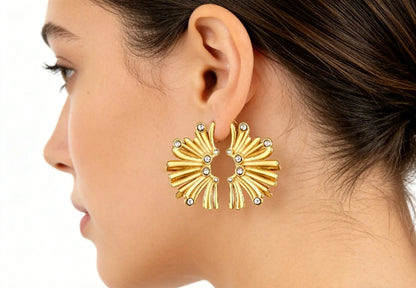Gold Fan Shaped Diamond Stud Earrings 17*25mm Sparkly Inlaid Diamond Fashion Earrings for Women Daily Wear Party Jewelry Accessory asonjewelry