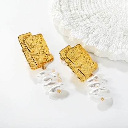 Fashion Gold Irregular Hammered Stud Earrings 23.5*27mm 4 Pcs 5*15 Imitation Pearls Daily Wear Party Jewelry asonjewelry