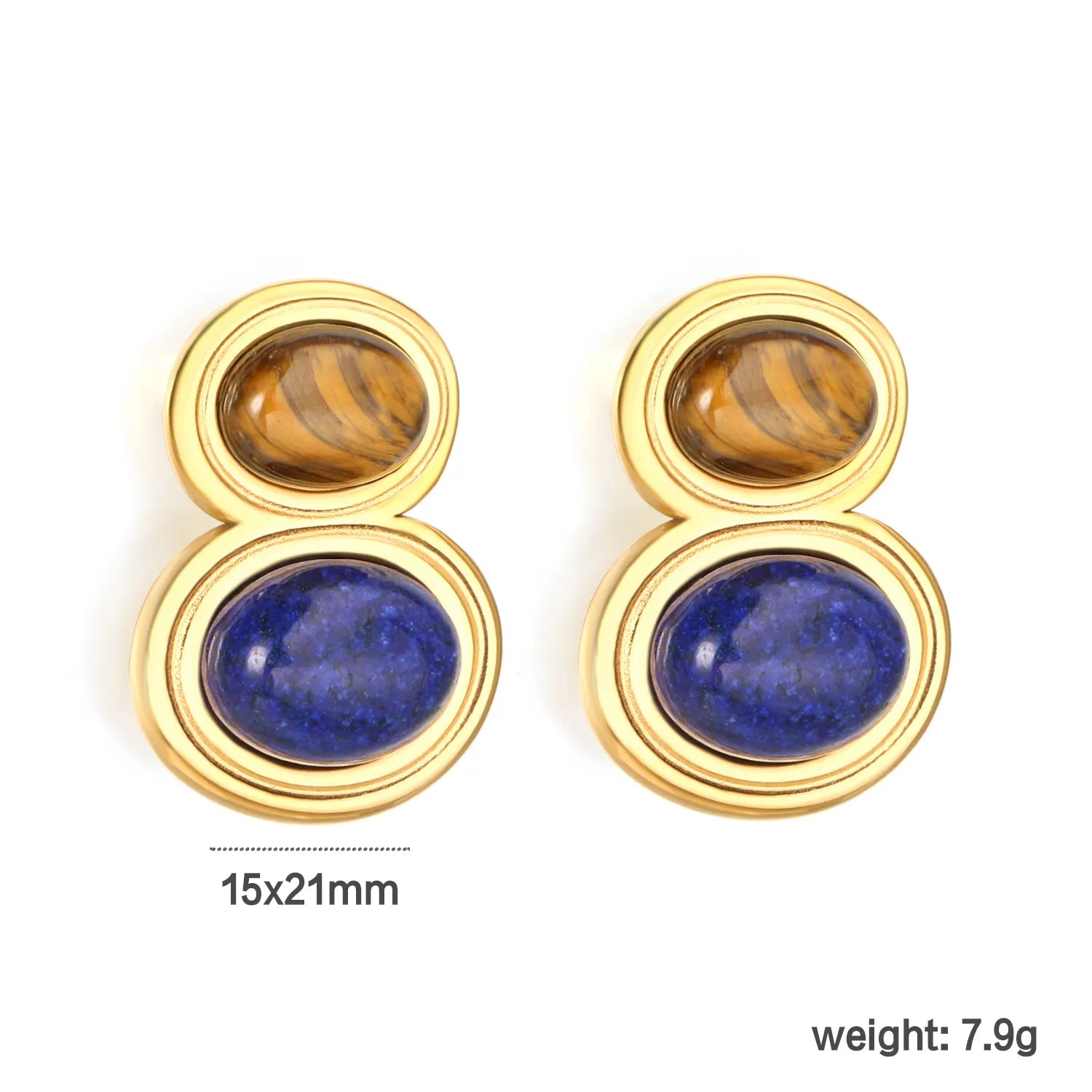 Gold Tiger Eye & Lapis Lazuli Stud Earrings 15*21mm Natural Stone Inlaid Earrings for Women Daily Casual Office Party Wear Fashion Jewelry asonjewelry