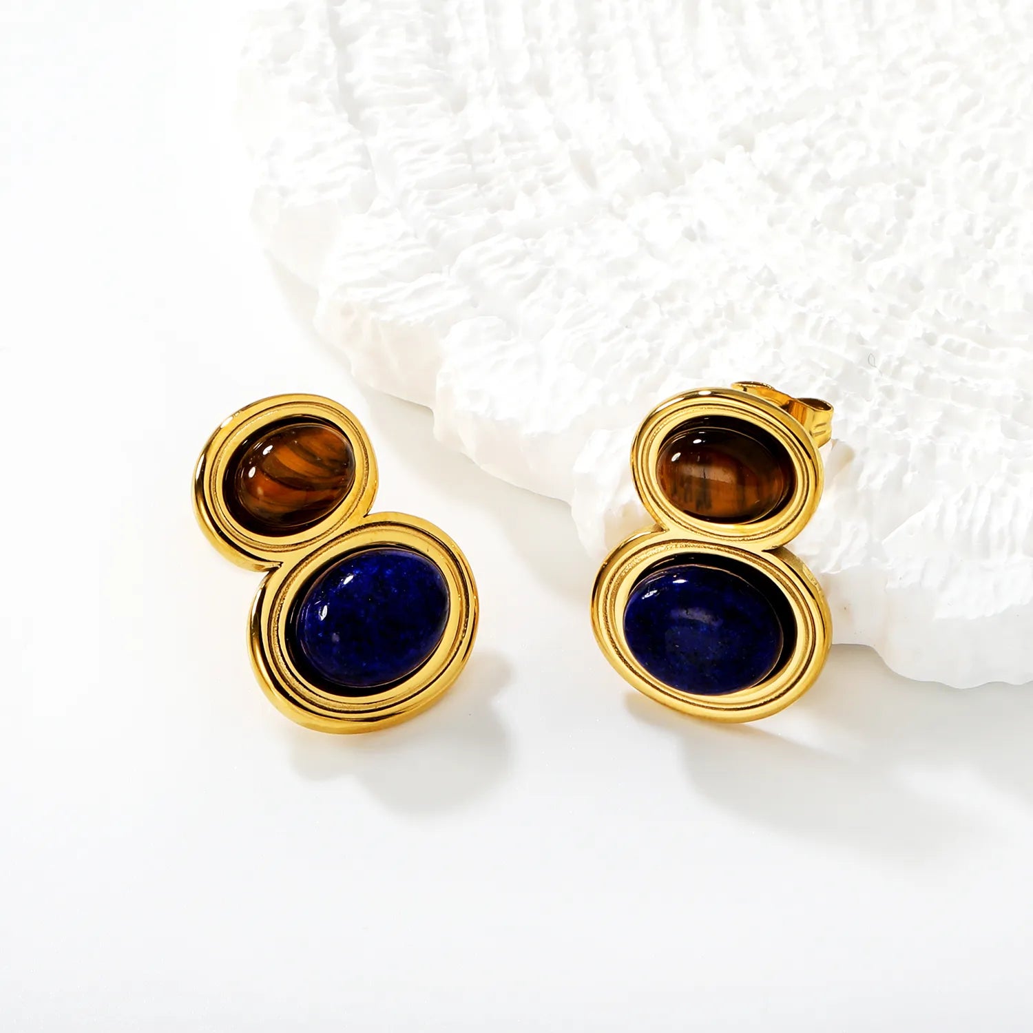 Gold Tiger Eye & Lapis Lazuli Stud Earrings 15*21mm Natural Stone Inlaid Earrings for Women Daily Casual Office Party Wear Fashion Jewelry asonjewelry