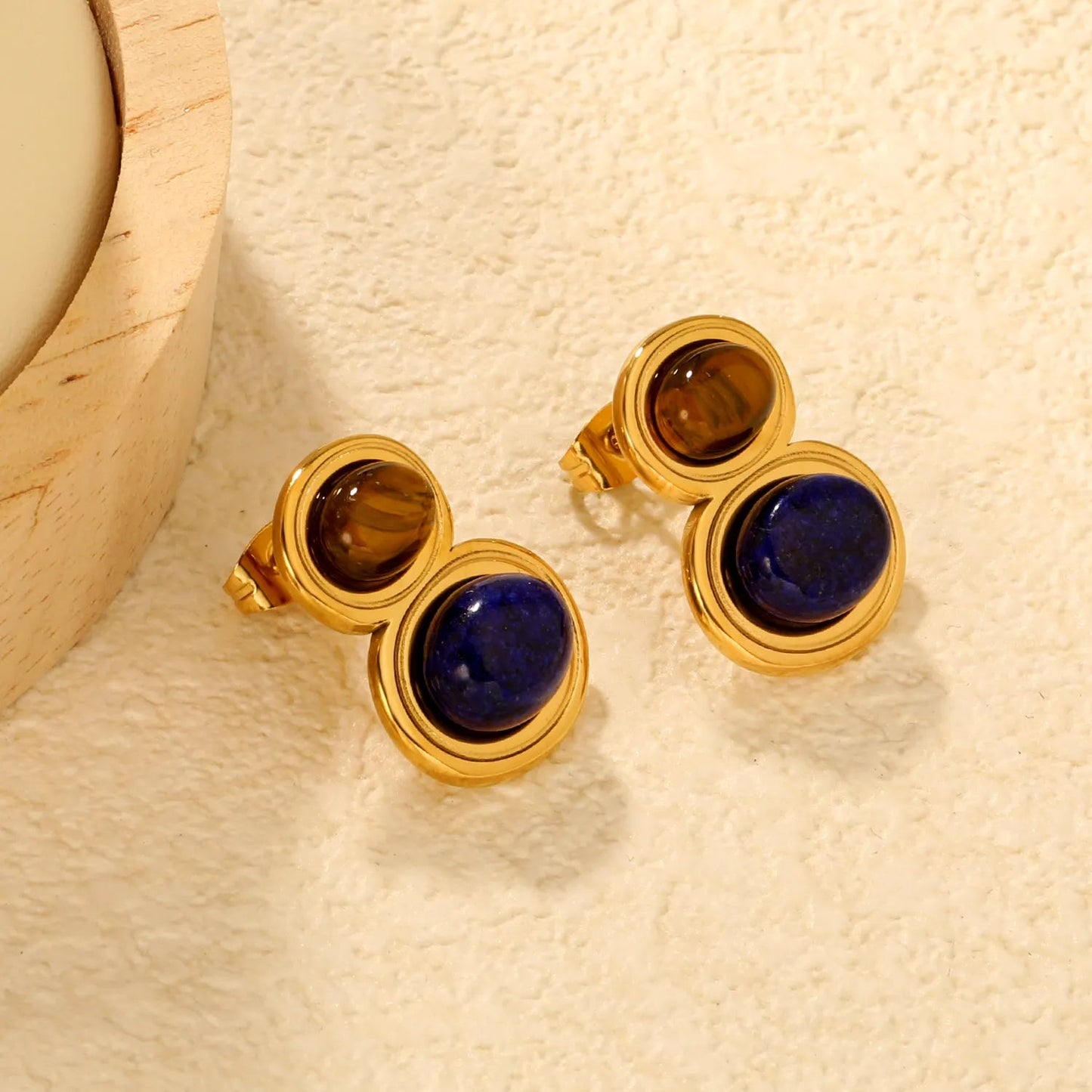 Gold Tiger Eye & Lapis Lazuli Stud Earrings 15*21mm Natural Stone Inlaid Earrings for Women Daily Casual Office Party Wear Fashion Jewelry asonjewelry