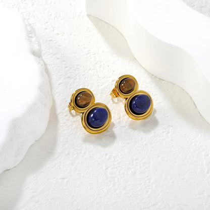 Gold Tiger Eye & Lapis Lazuli Stud Earrings 15*21mm Natural Stone Inlaid Earrings for Women Daily Casual Office Party Wear Fashion Jewelry asonjewelry