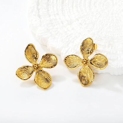 28*30mm Gold Four-Petal Flower Stud Earrings Delicate Floral Shape Metal Earrings Women Trendy Daily Party Wedding Fashion Ear Accessories asonjewelry