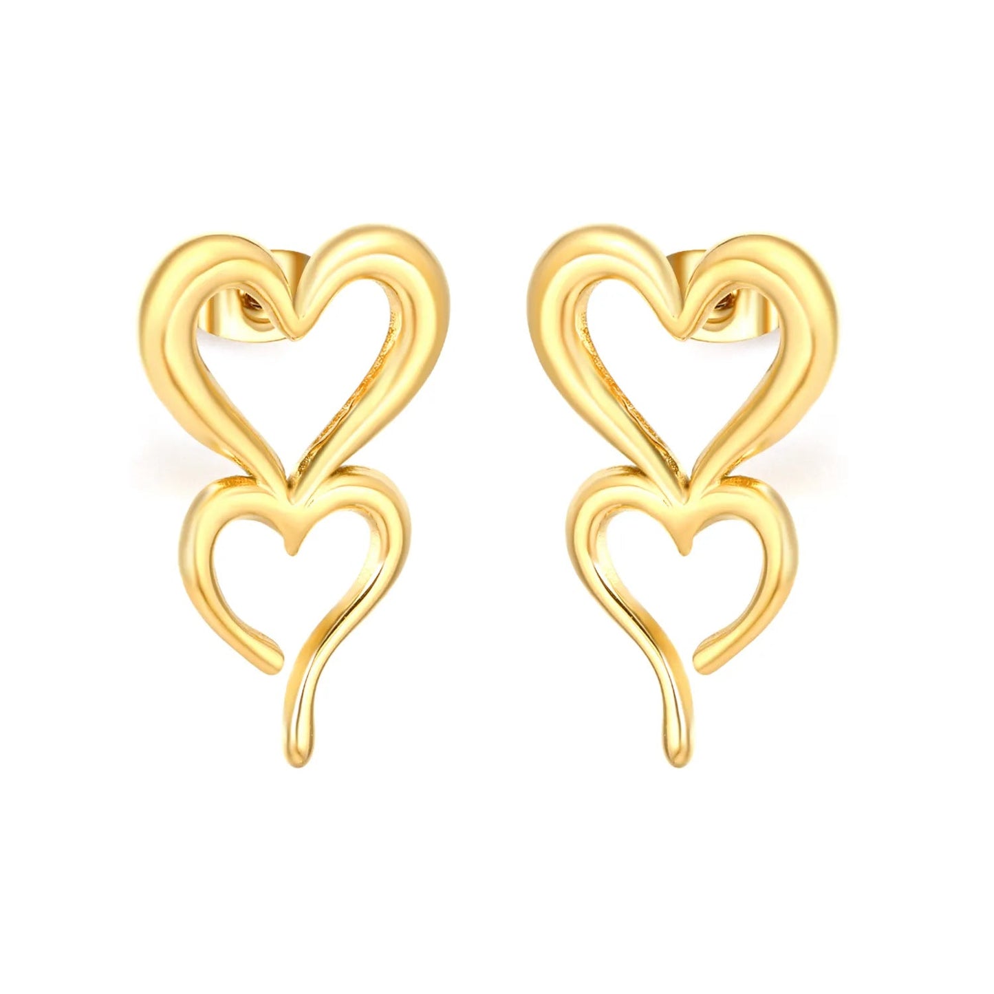 Gold Hollow Double Heart Stud Earrings 16*26mm Left Right Distinct Design Earrings for Women Daily Casual Office Party Wear Fashion Jewelry asonjewelry