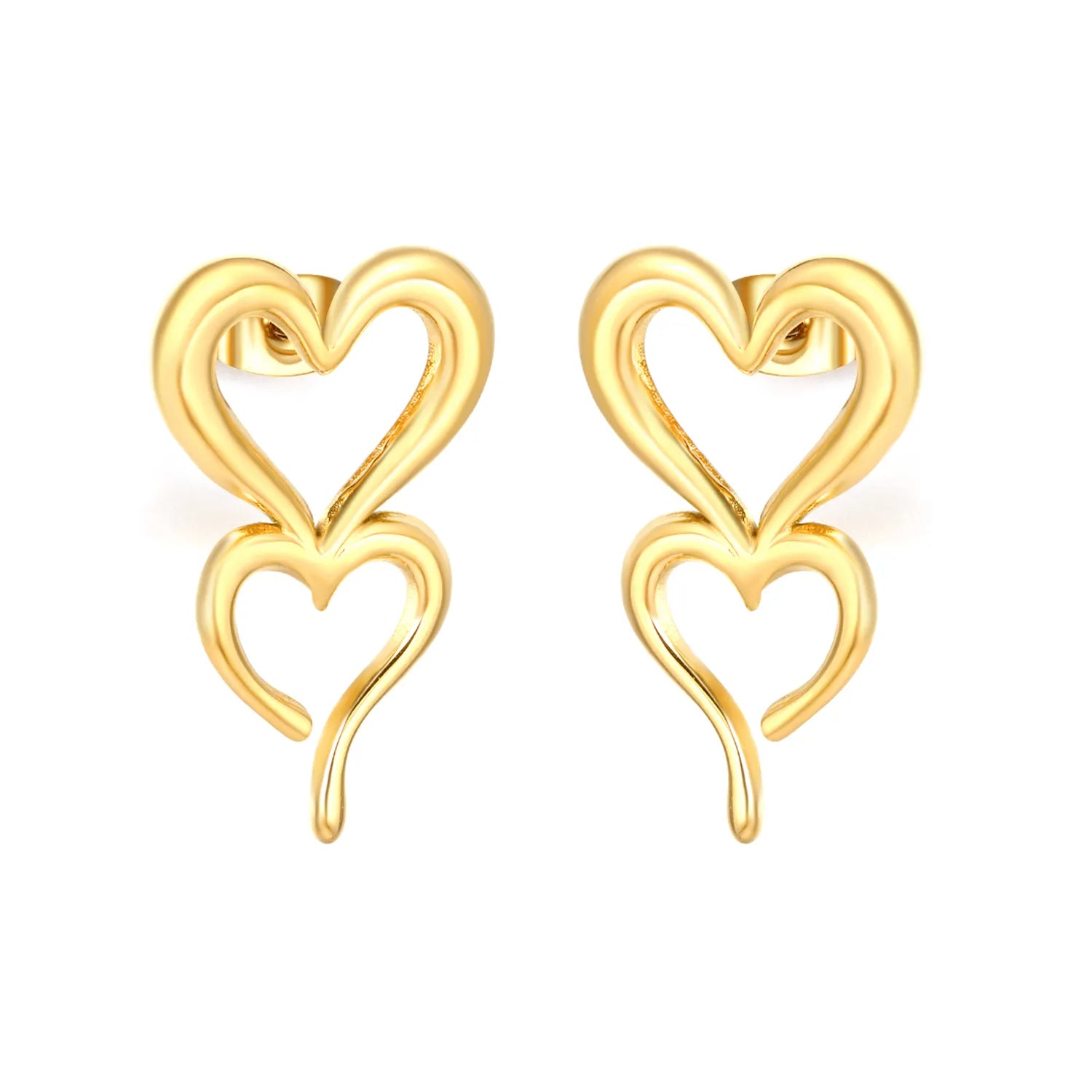 Gold Hollow Double Heart Stud Earrings 16*26mm Left Right Distinct Design Earrings for Women Daily Casual Office Party Wear Fashion Jewelry asonjewelry