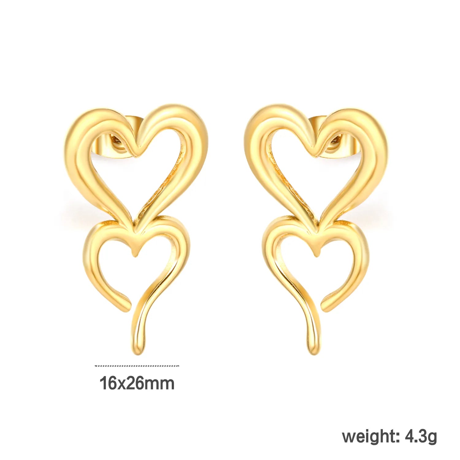 Gold Hollow Double Heart Stud Earrings 16*26mm Left Right Distinct Design Earrings for Women Daily Casual Office Party Wear Fashion Jewelry asonjewelry